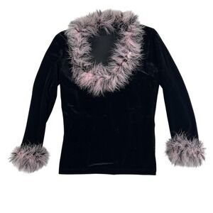 Vtg Nally & Millie Shirt Womens Small Velvet Feather Trim Faux Fur Cuff 90s Y2K